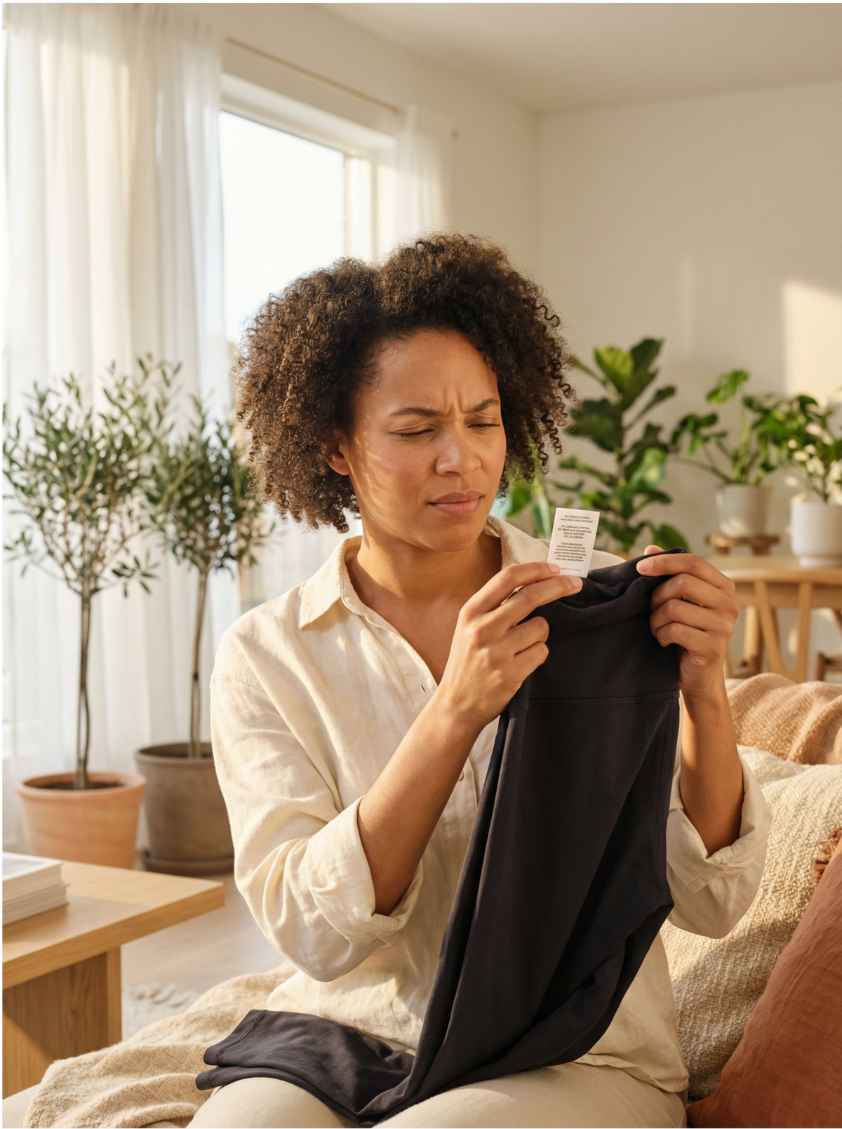 Woman sitting on a couch holding a black garment and a label in a bright living room.